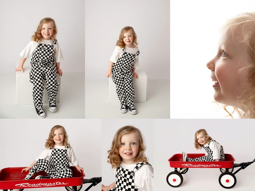 little boy in overalls in a photography studio in Tulsa, Ok