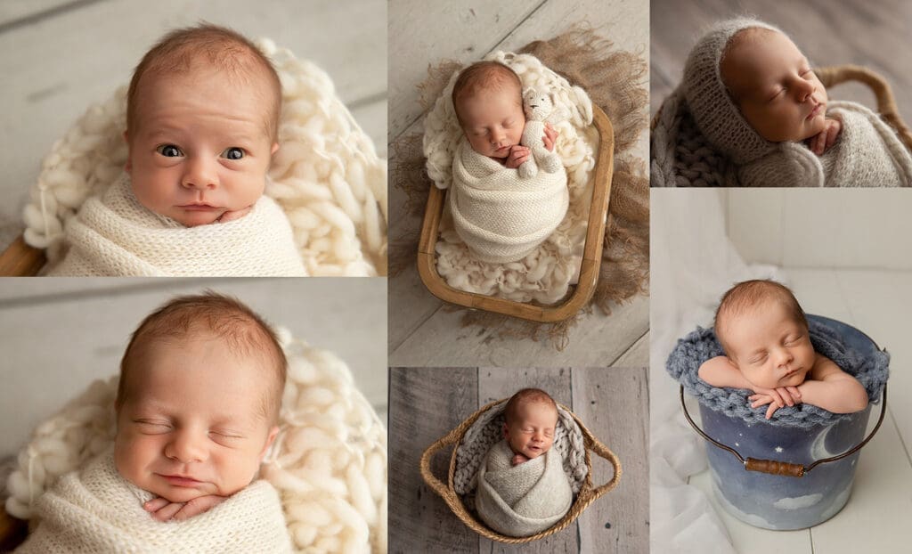 Baby boy wrapped and posed in baskets and buckets newborn photography session