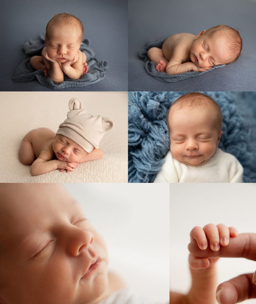 baby boy in blues and neutral tones in newborn photography studio in Claremore, Ok